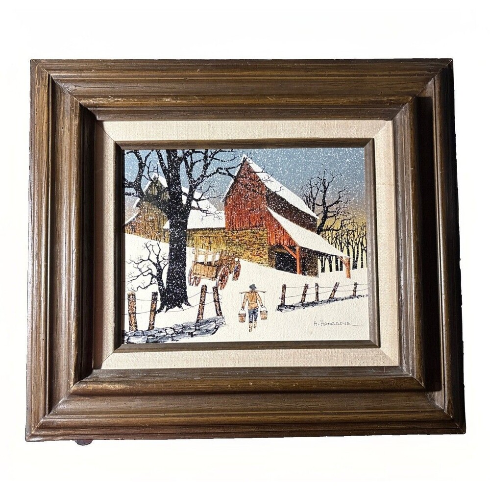 H. Hargrove Original Oil Painting On Canvas Signed Winter Wagon Barn Framed 8x10